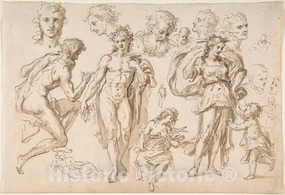 Art Print : Bartholomaeus Ignaz Weiss - Recto: Figure and Head-Studies (Including Bacchus); Verso: Four Main Figure Studies Repeated from The Recto : Vintage Wall Décor : 12in x 08in