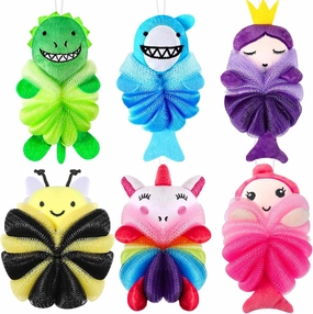 ASTRYAS 6 Pcs Bath Loofahs Kids Toddler Cute Animal Bath Sponges Loofah Pouf Body Scrubber Mesh Sponges for Children Shower Washing Exfoliating