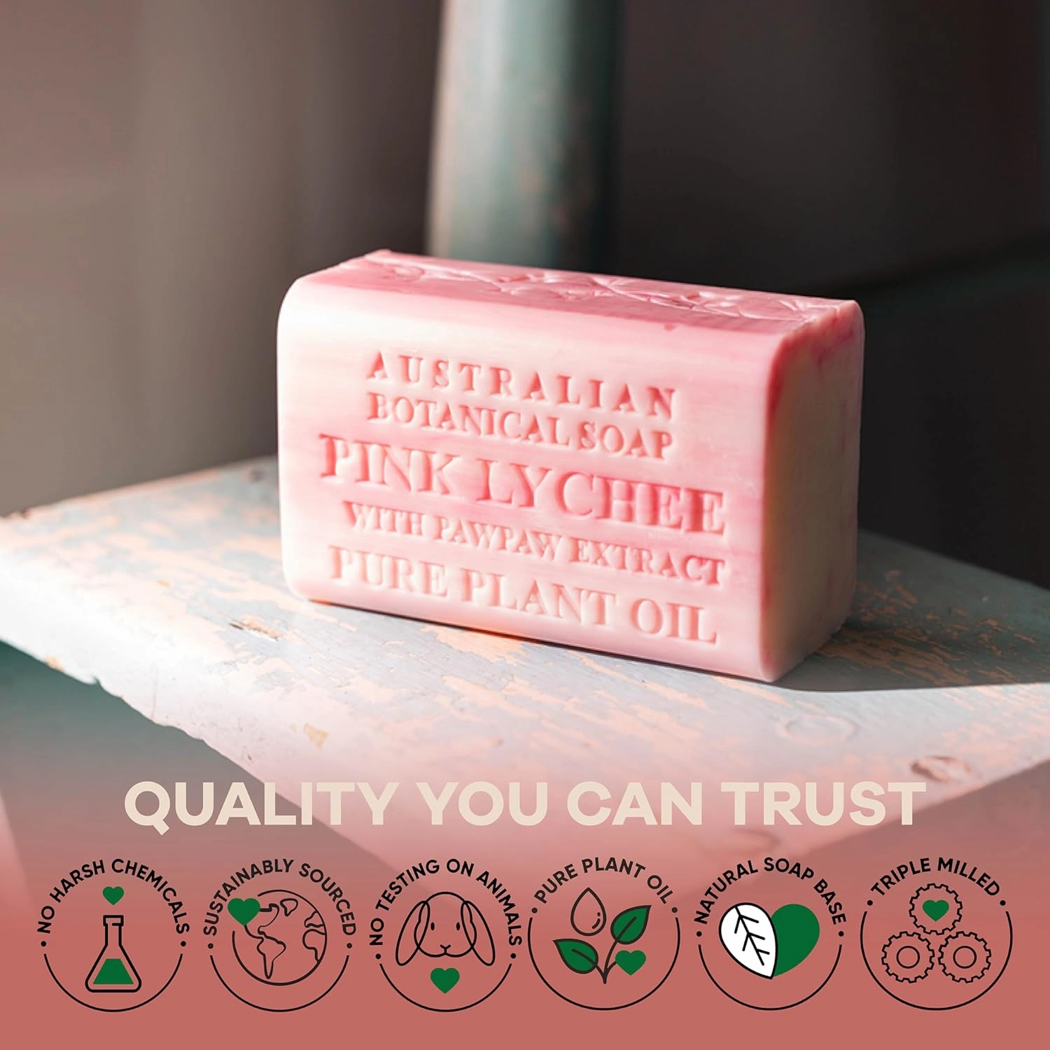 Australian Botanical Soap Pink Lychee with Pawpaw Extract 6.6 oz Luxury Soap Bars Enriched with Shea Butter, Sutiable for Men, Women and All Skin Types, Pack of 4