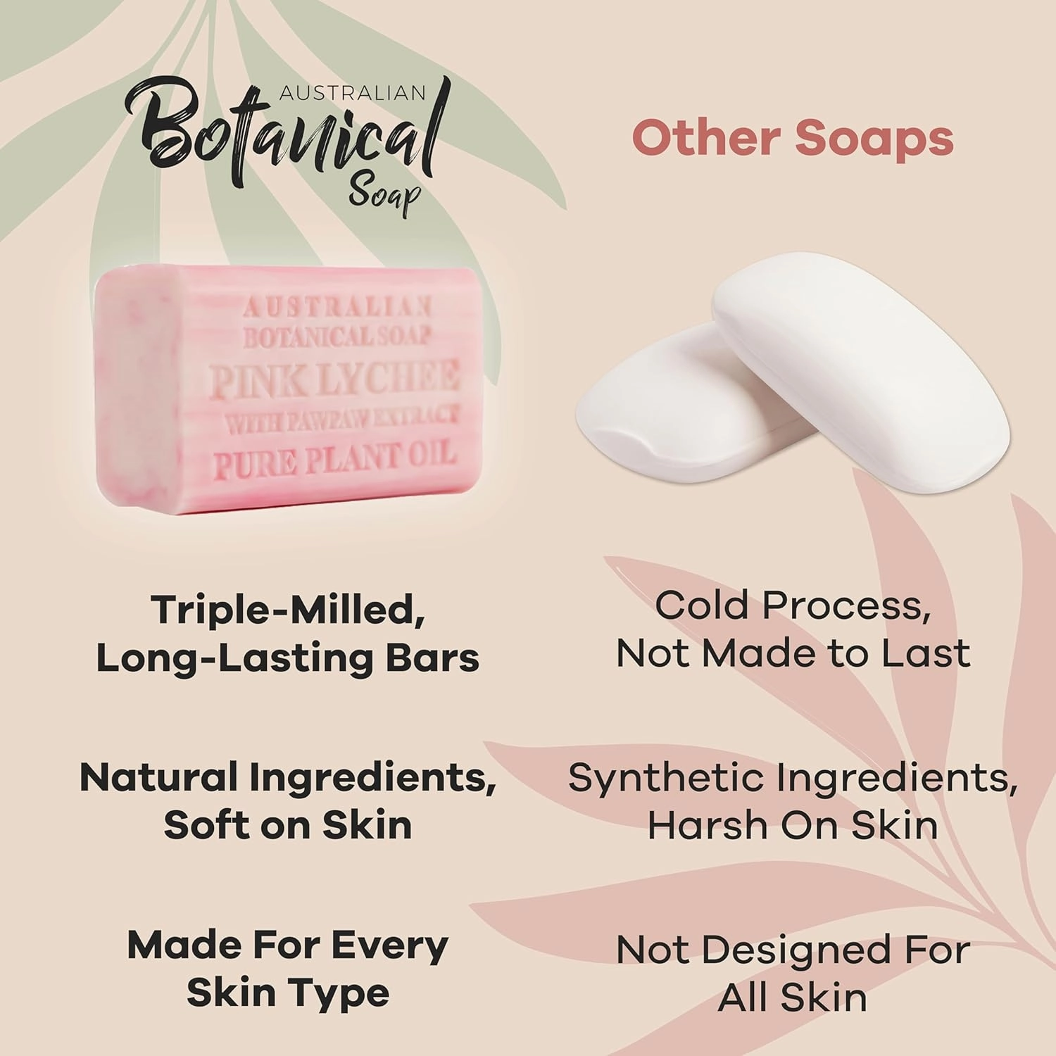Australian Botanical Soap Pink Lychee with Pawpaw Extract 6.6 oz Luxury Soap Bars Enriched with Shea Butter, Sutiable for Men, Women and All Skin Types, Pack of 4