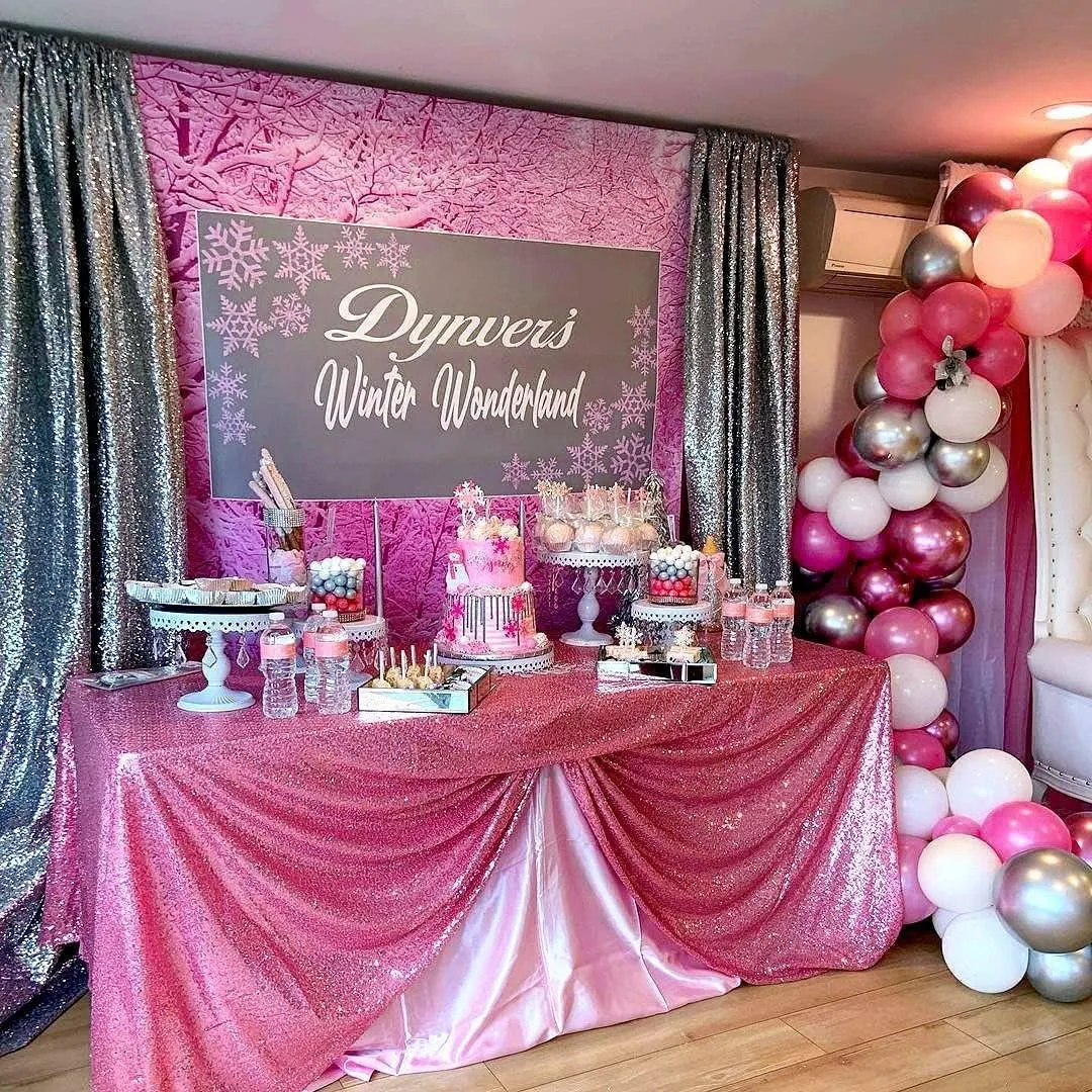 B-COOL Sequin Tablecloth Sparkle Table Cloth Rectangle Sequined Table Overlay Glitter Tablecloth for Baby Shower Decoration Ceremony Graduation Party-90x132 Inch Fuchsia Pink