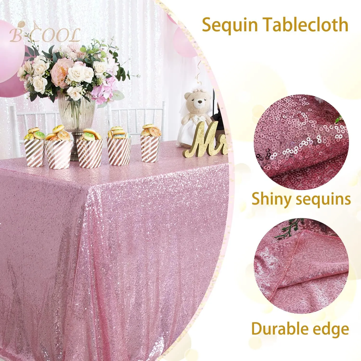 B-COOL Sequin Tablecloth Sparkle Table Cloth Rectangle Sequined Table Overlay Glitter Tablecloth for Baby Shower Decoration Ceremony Graduation Party-90x132 Inch Fuchsia Pink