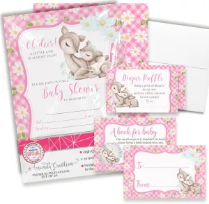 Baby Shower Invites for Girls – Floral Woodland Deer Baby Shower Invitation Bundle with Diaper Raffle Tickets, Book Request Cards & Envelope. Set of 20 5X7 Oh Deer She's Almost Here Invitation Kit Set