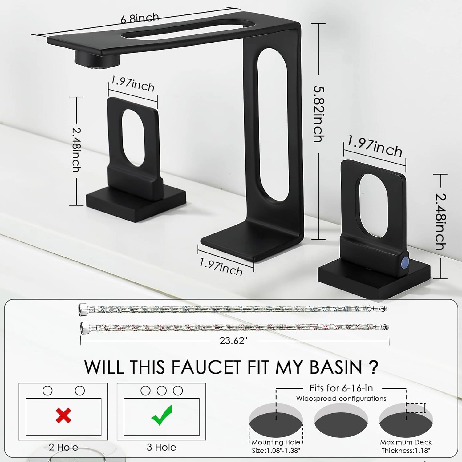 BAKALA Black Bathroom Faucet 3 Hole, 8-Inch Widespread Bathroom Sink Faucet, 2-Handle Matte Black Faucet Bathroom with Water Supply Hoses, Modern Hollowed Vanity Faucet