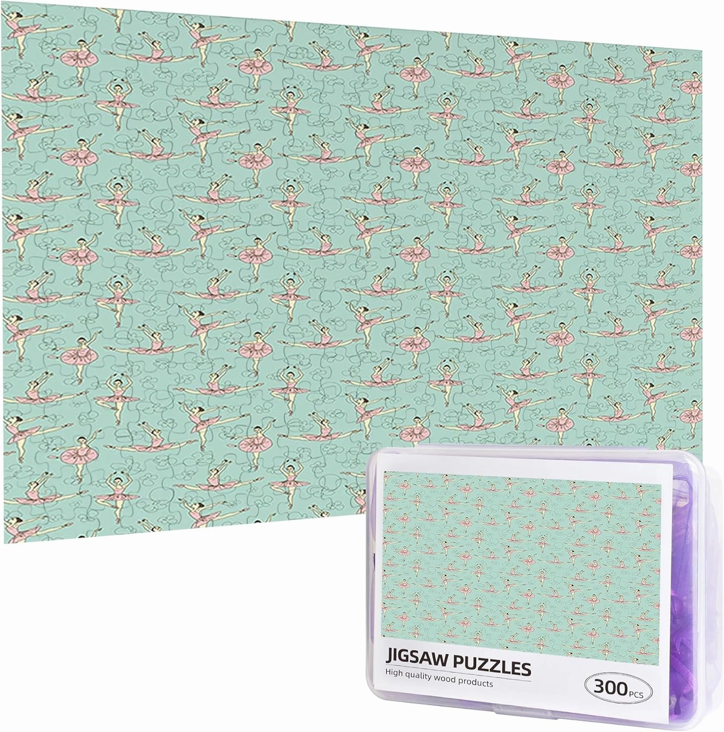 Ballet Print,300PCS Wooden Picture Puzzle for Adults,Ballerinas Dancing in Poses,High Resolution, Matte Finish,Smooth Edging,Pink Green(Horizontal)