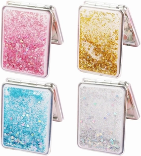 BAOZOON 4 Pcs Quicksand Makeup Mirror Compact Glitter Pocket Mirror Double-Sided Foldable Travel Makeup Mirror Mini Handheld Cosmetic Mirror for Women Girls(Square)