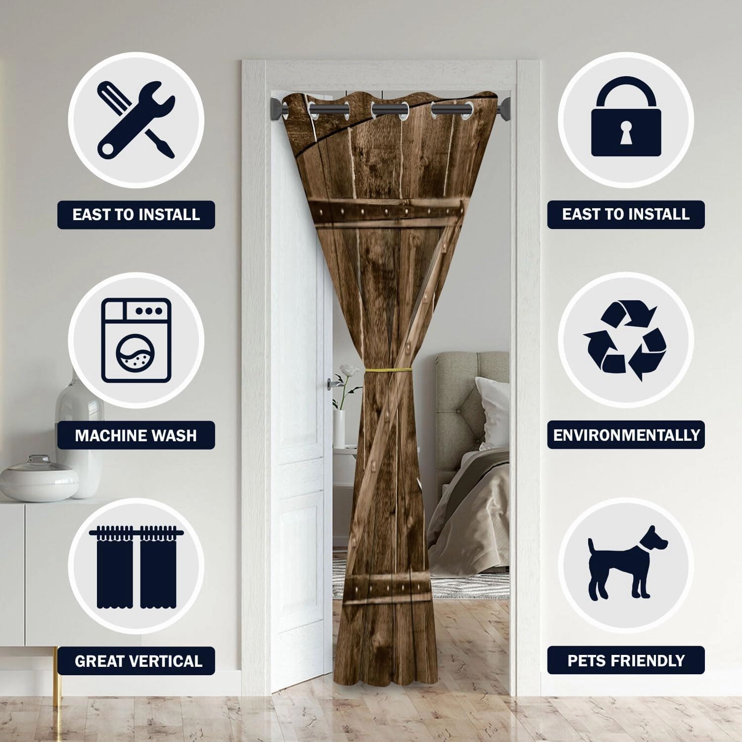 Barn Wood Door Curtains for Doorways, Rustic Village Art Antique Country Blackout Curtain for Kids Bedroom Closet, Grommet Thermal Insulated Privacy Door Drapes for Room Divider, 34"W x 80"L