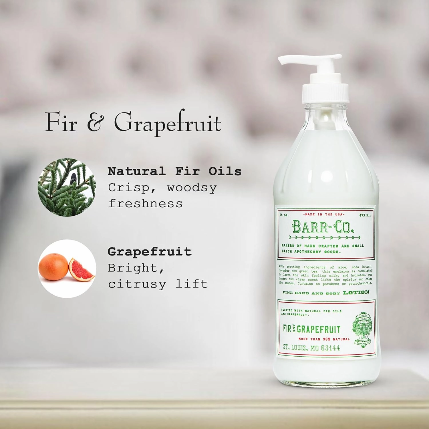 BARR-CO. Fir & Grapefruit Scent Shea Butter Lotion for Dry Skin, Bright Grapefruit and Cooling Balsam, Shea Moisturizing Lotion for Sensitive Skin, 16 fl oz