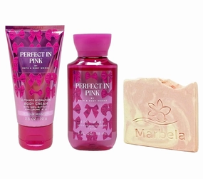 Bath & Body Works Perfect In Pink Mini Body Cream and Body Wash Bundle with a Himalayan Salts Springs Sample Soap - Travel Size