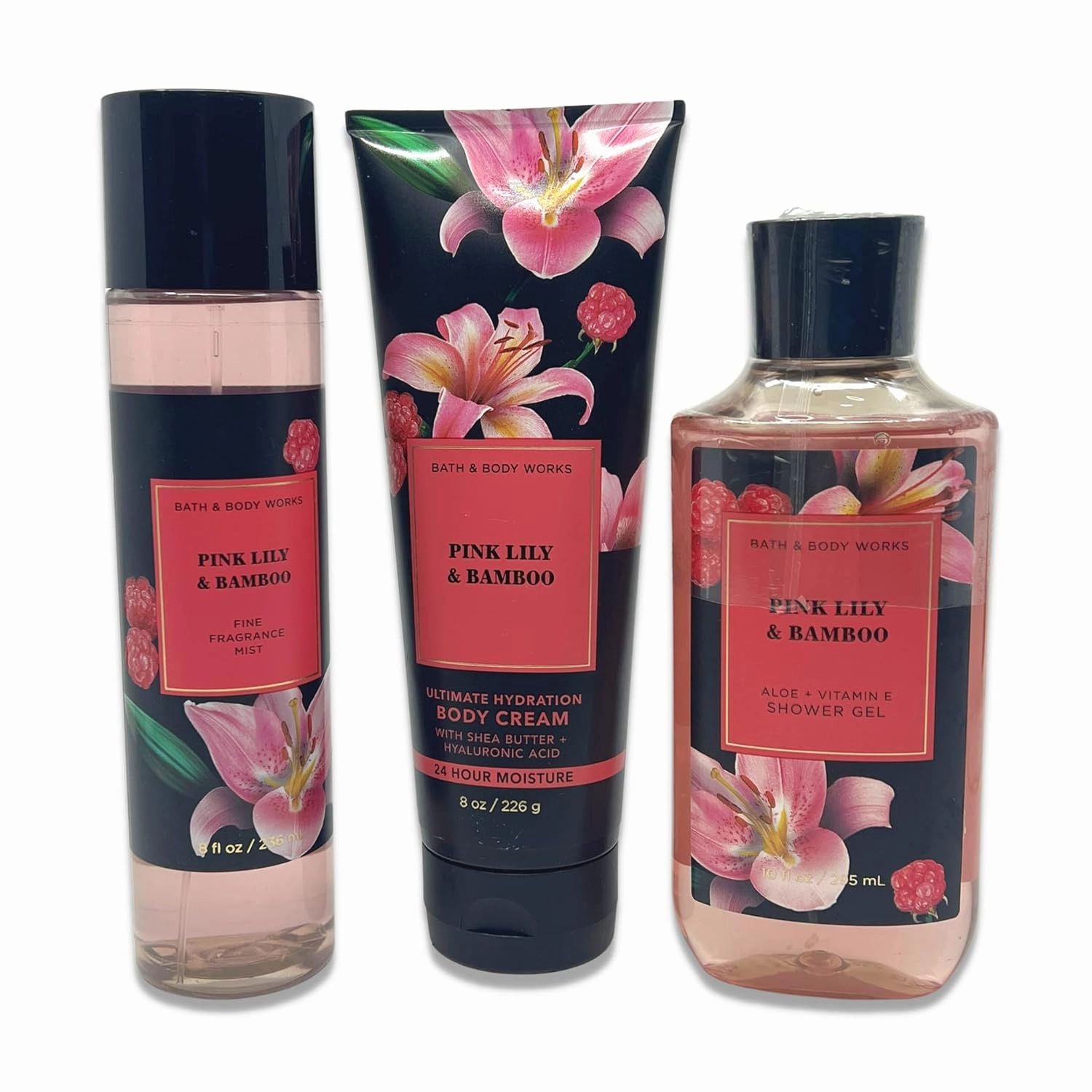 Bath & Body Works Pink Lily & Bamboo - 3 pc bundle - Fine Fragrance Mist 8oz - Ultimate Hydration Body Cream 8oz - Aloe   Vitamin E Shower Gel 10oz - Limited Edition