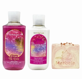 Bath & Body Works Pink Tie Dye Body Wash and Body Lotion Duo Set with a Himalayan Salts Springs Bar Soap