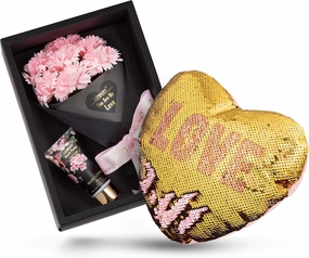 Bath and Body Gift Baskets for Women, Spa Gift Basket, Plant Essential Oil with Bouqet of Pink Carnation Soaps, Fresh Peony and Jasmine Scented Hand Lotion & Reversible Sequin Love Heart Pillow