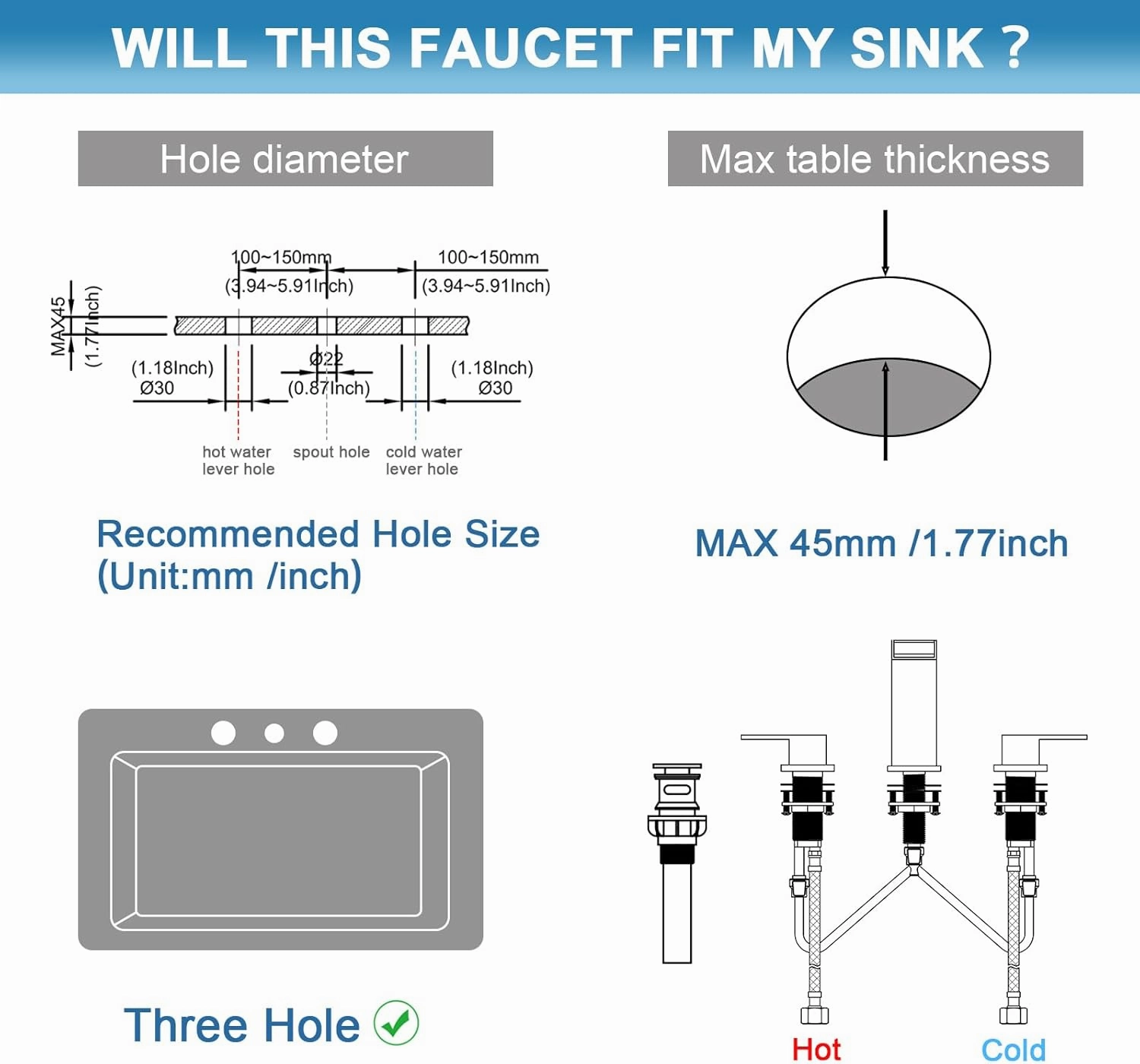 Bathroom Faucet Matte Black, 8 Inch Waterfall Bathroom Sink Faucet 3 Hole, Black Bathroom Faucet with Pop Up Drain and Hose, Two Handles Bathroom Faucet for Basin Lavatory Vanity