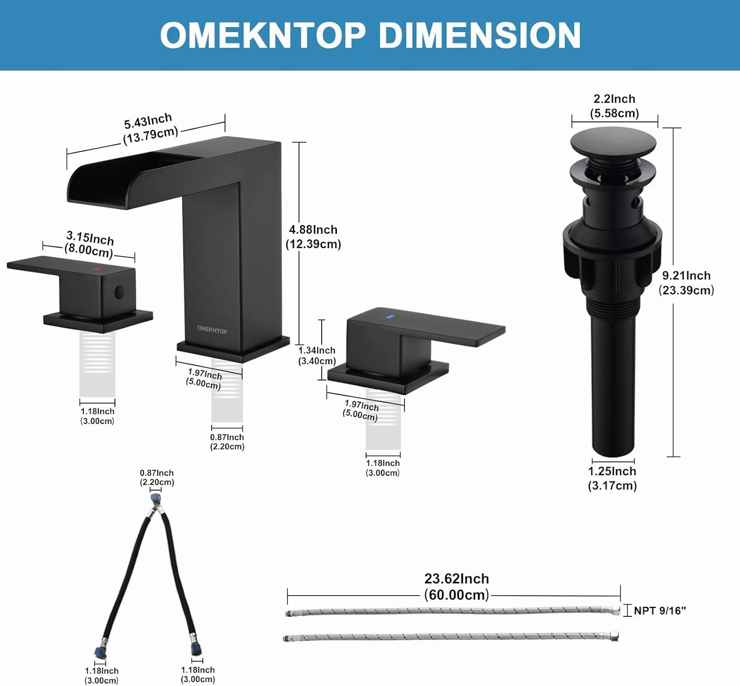 Bathroom Faucet Matte Black, 8 Inch Waterfall Bathroom Sink Faucet 3 Hole, Black Bathroom Faucet with Pop Up Drain and Hose, Two Handles Bathroom Faucet for Basin Lavatory Vanity