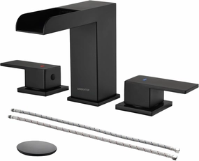 Bathroom Faucet Matte Black, 8 Inch Waterfall Bathroom Sink Faucet 3 Hole, Black Bathroom Faucet with Pop Up Drain and Hose, Two Handles Bathroom Faucet for Basin Lavatory Vanity