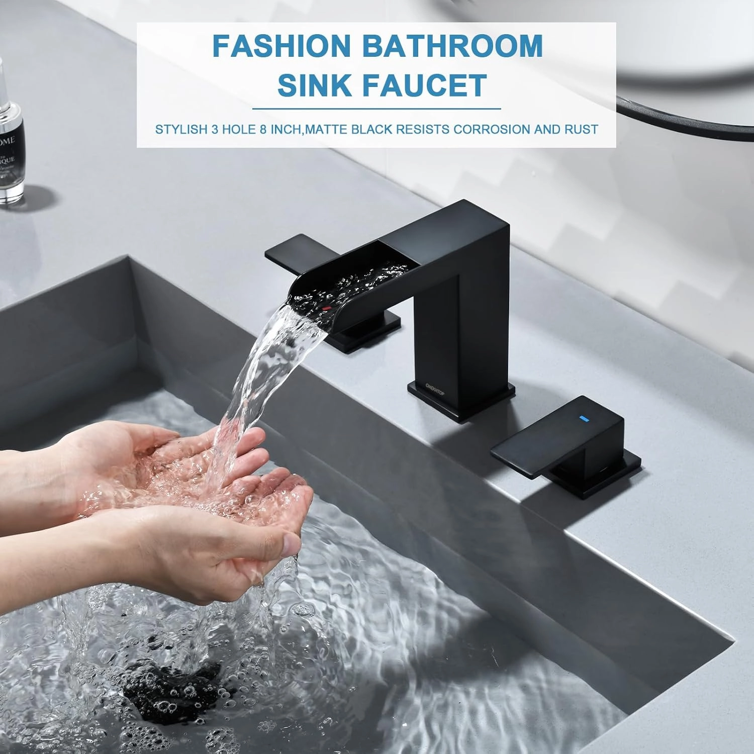 Bathroom Faucet Matte Black, 8 Inch Waterfall Bathroom Sink Faucet 3 Hole, Black Bathroom Faucet with Pop Up Drain and Hose, Two Handles Bathroom Faucet for Basin Lavatory Vanity