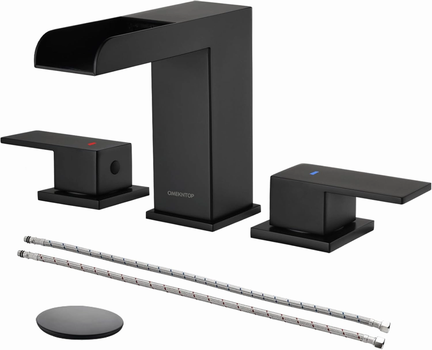 Bathroom Faucet Matte Black, 8 Inch Waterfall Bathroom Sink Faucet 3 Hole, Black Bathroom Faucet with Pop Up Drain and Hose, Two Handles Bathroom Faucet for Basin Lavatory Vanity