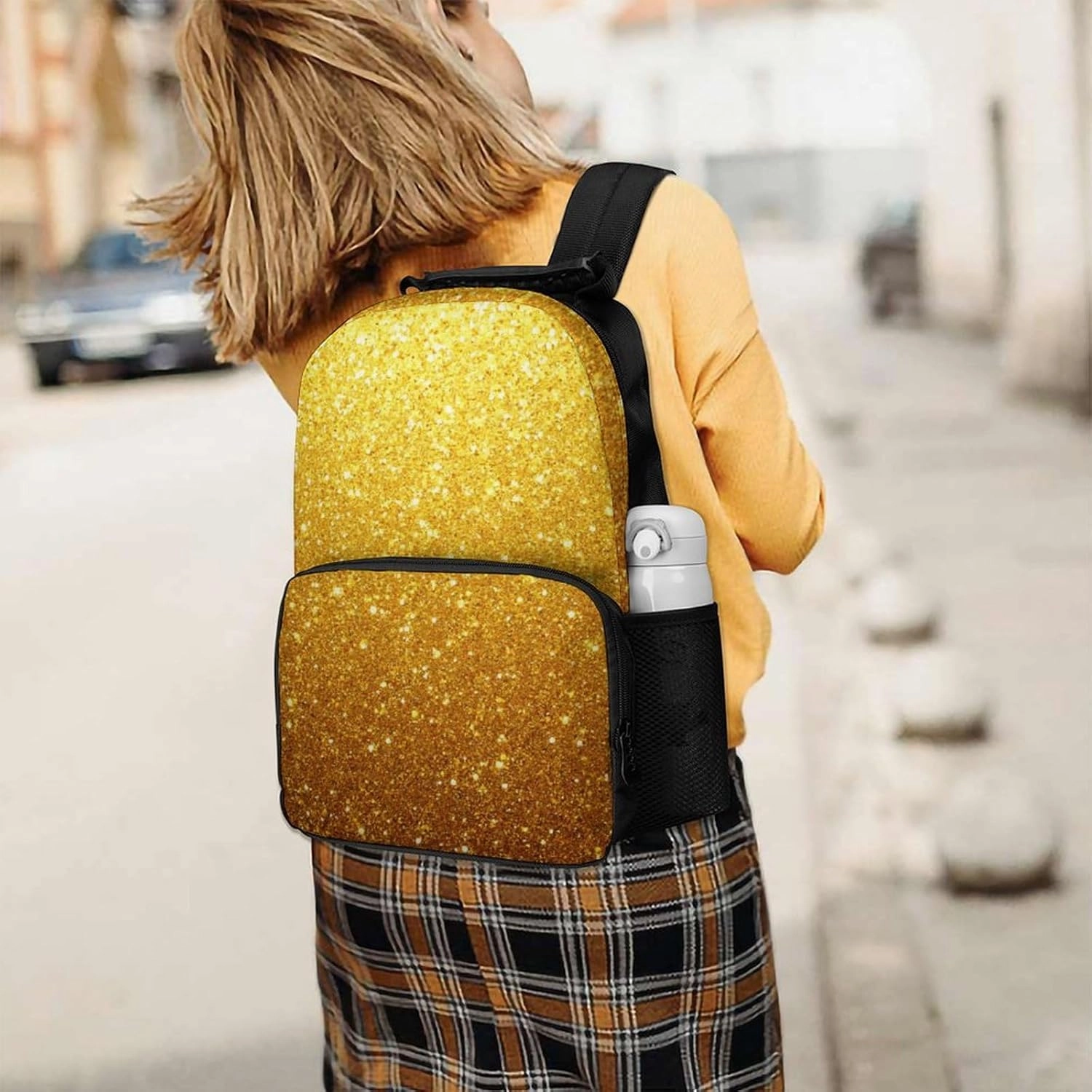 Beautiful Gold Bling Glitter Sparkles Pattern Daypack Lightweight Multipurpose Anti-Theft Shoulder Bag Large Capacity Laptop Book Bag Rucksack With Adjustable Shoulder Straps