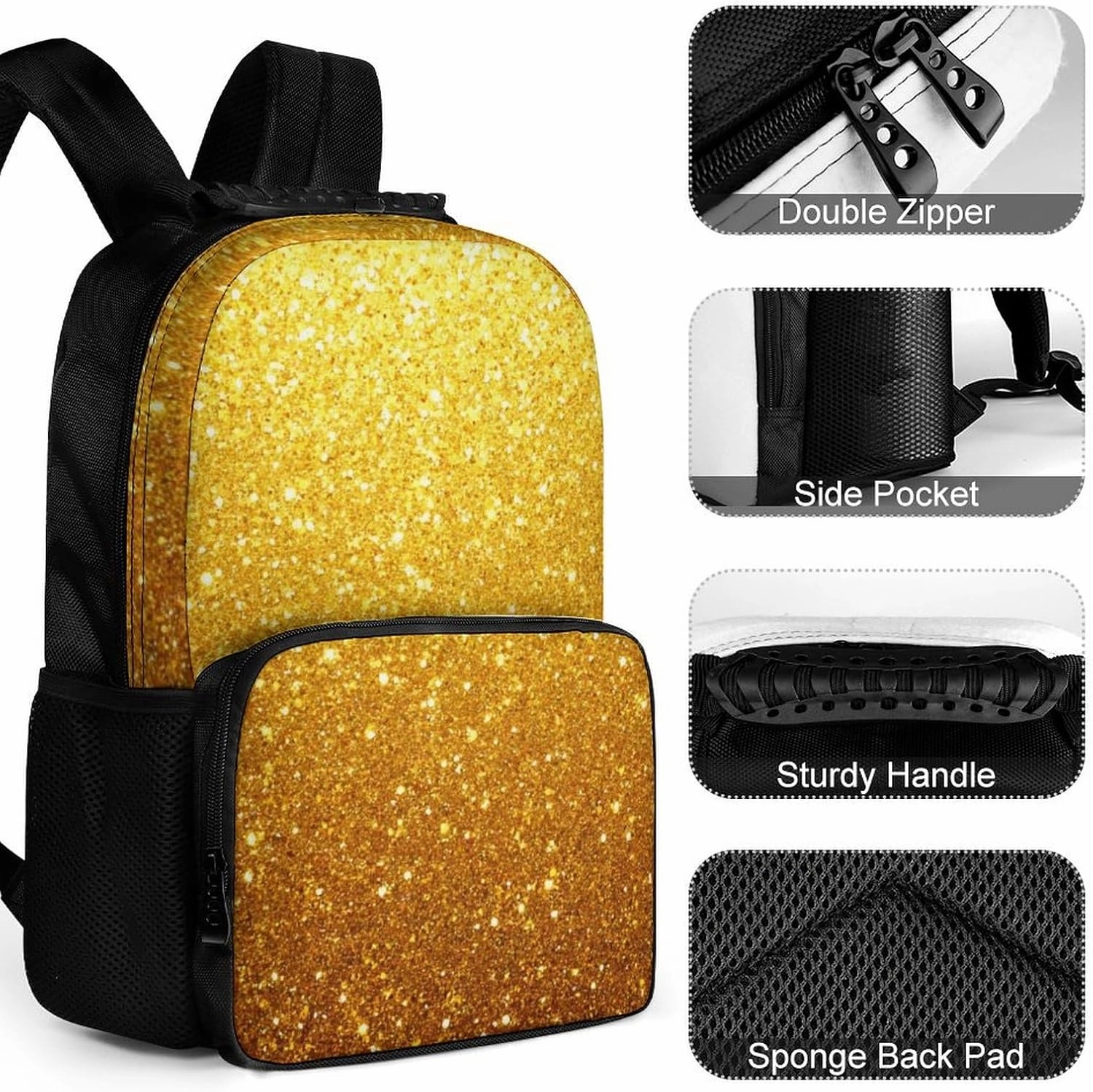 Beautiful Gold Bling Glitter Sparkles Pattern Daypack Lightweight Multipurpose Anti-Theft Shoulder Bag Large Capacity Laptop Book Bag Rucksack With Adjustable Shoulder Straps