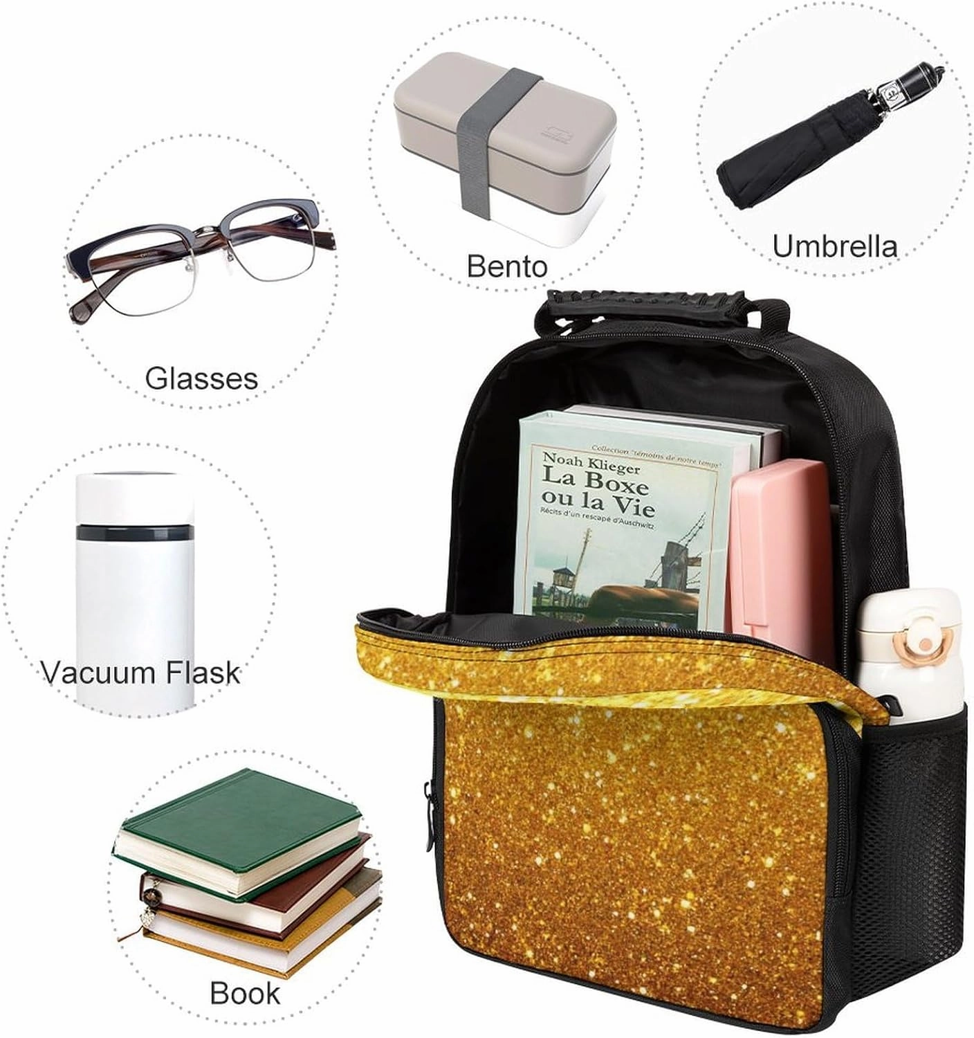 Beautiful Gold Bling Glitter Sparkles Pattern Daypack Lightweight Multipurpose Anti-Theft Shoulder Bag Large Capacity Laptop Book Bag Rucksack With Adjustable Shoulder Straps