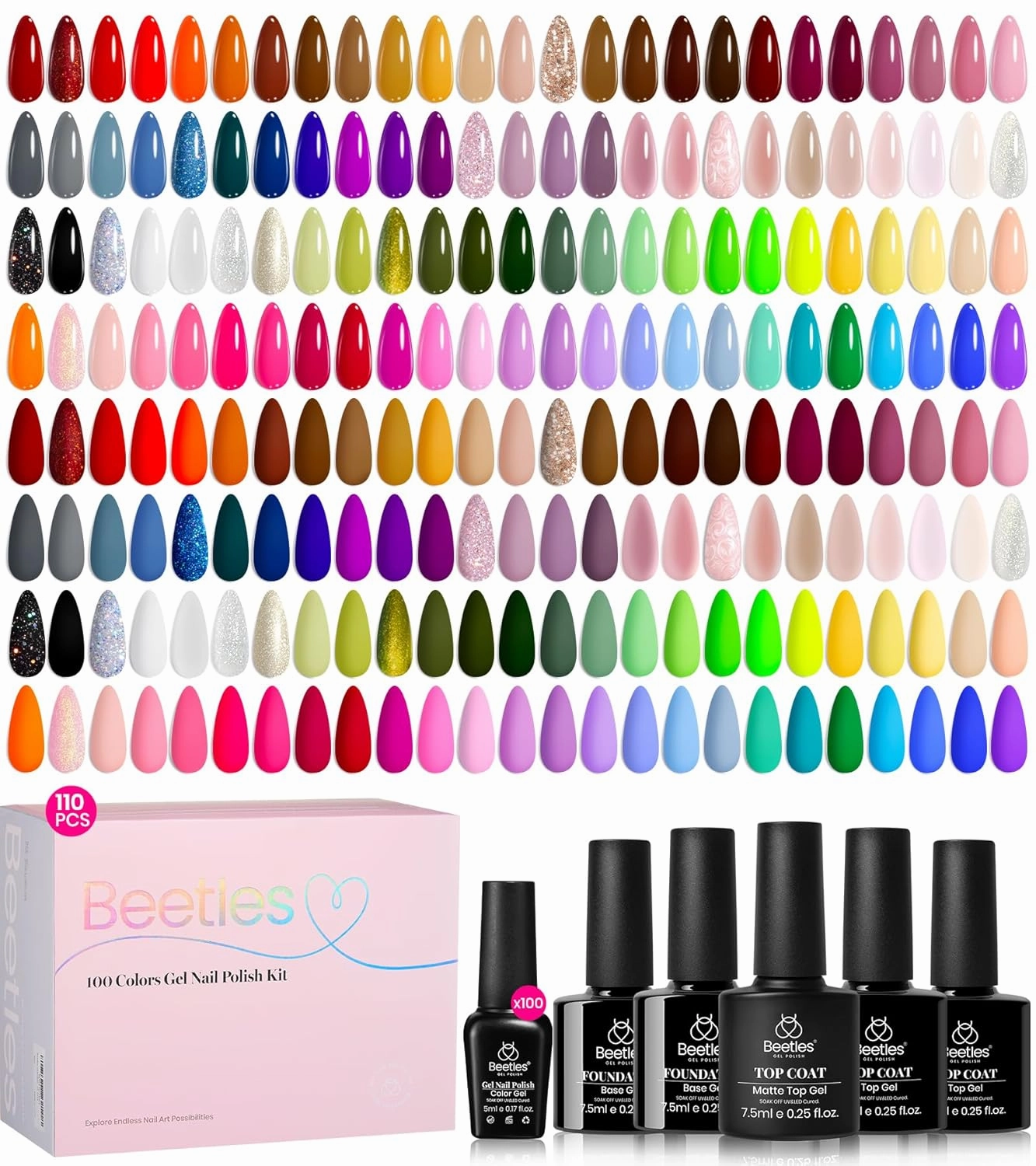 Beetles 100 Colors Gel Nail Polish Set, 110 PCS Summer Polish Kit Pink Blue Orange Purple Neon Gel Polish with 5Pcs Base Top Coat All Season Soak off UV Gel for Manicure DIY Gifts for Women