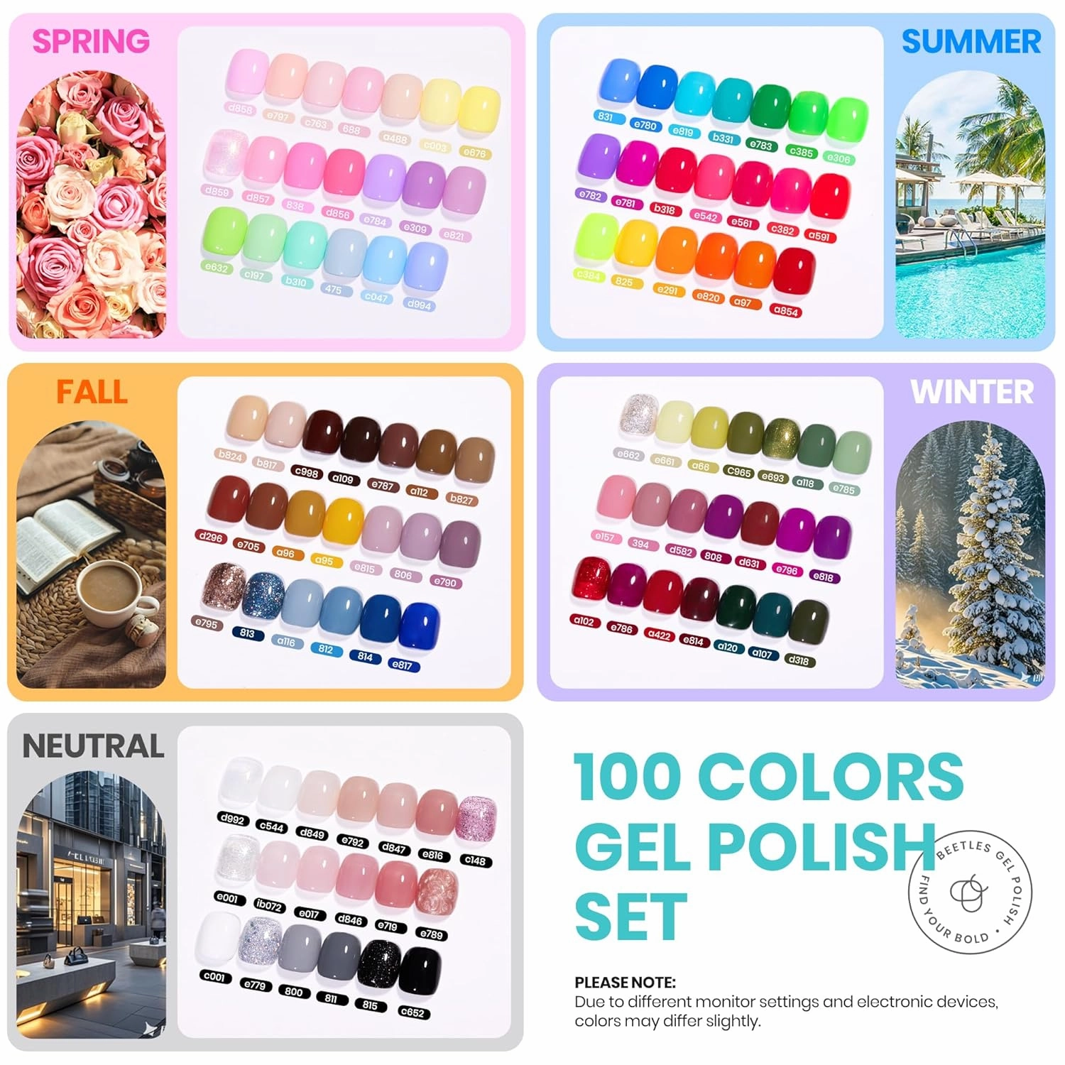 Beetles 100 Colors Gel Nail Polish Set, 110 PCS Summer Polish Kit Pink Blue Orange Purple Neon Gel Polish with 5Pcs Base Top Coat All Season Soak off UV Gel for Manicure DIY Gifts for Women