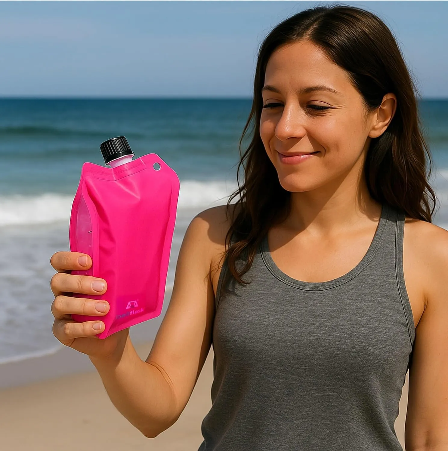 BellFlask - 15 oz. Plastic Flask, Patented, Flexible, Metal-Free, Reusuable, BPA-Free with Carabiner Clip and Filling Funnel (4, Black and Pink)