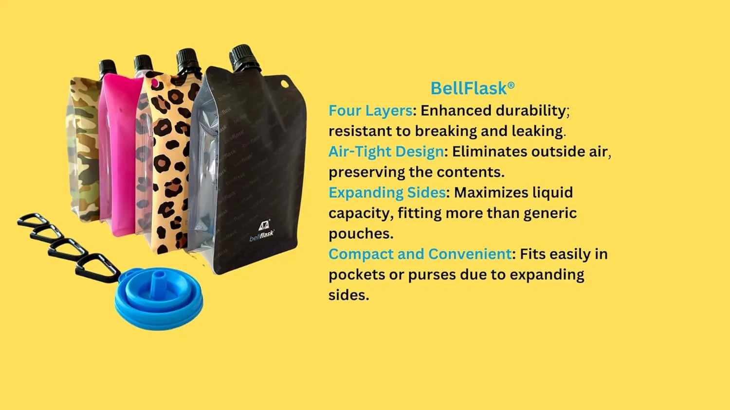 BellFlask - 15 oz. Plastic Flask, Patented, Flexible, Metal-Free, Reusuable, BPA-Free with Carabiner Clip and Filling Funnel (4, Black and Pink)