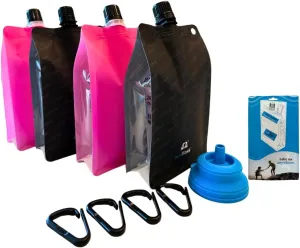 BellFlask - 15 oz. Plastic Flask, Patented, Flexible, Metal-Free, Reusuable, BPA-Free with Carabiner Clip and Filling Funnel (4, Black and Pink)
