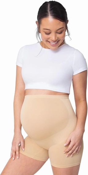 BELLY BANDIT BASICS Maternity Support Shorts – Over-Belly Pregnancy Shapewear for Gentle Compression & Back Support – Seamless, Breathable, and Comfortable Pregnancy Shorts | Nude, Large