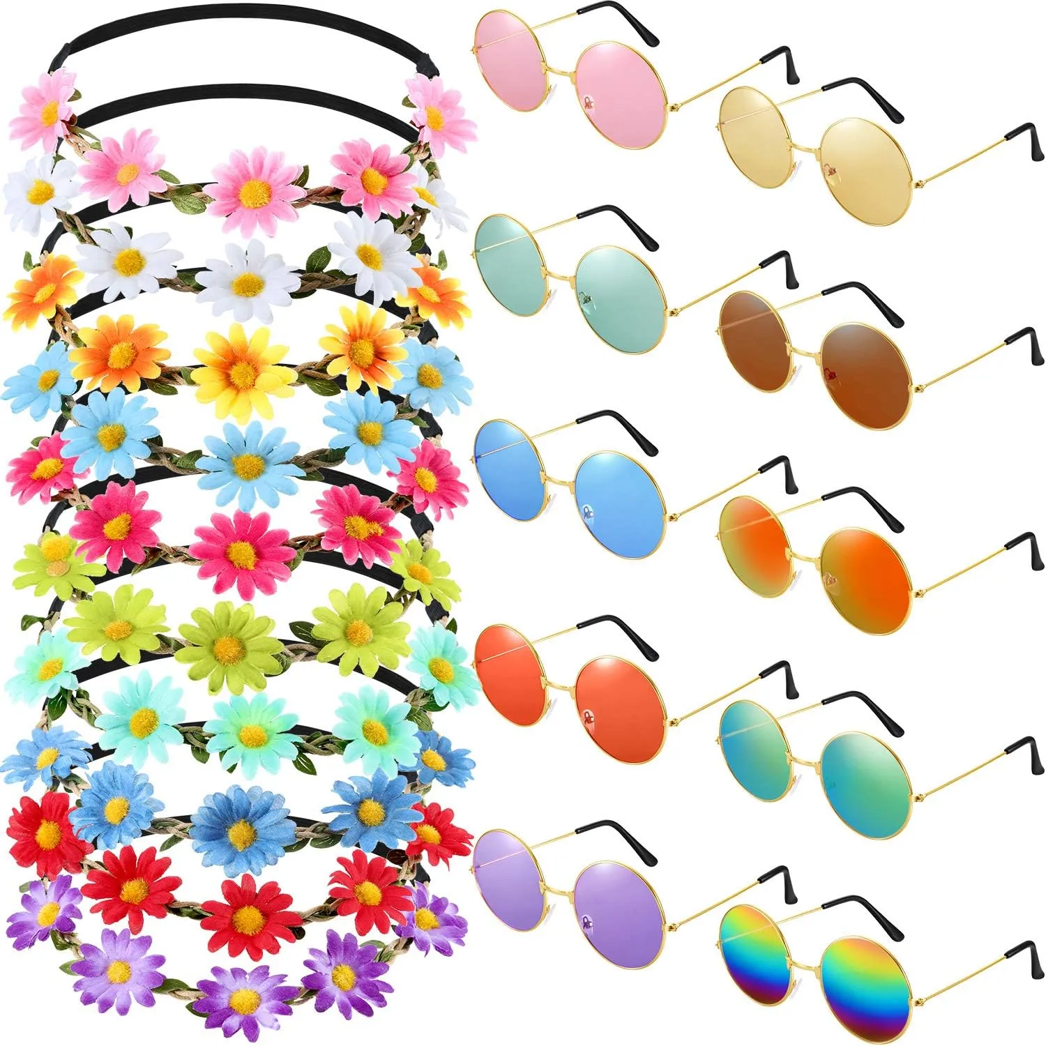 Bememo 20 Pieces Hippie Headband Glasses Costume Set, Includes 10 Pieces Multicolor Daisy Flower Crown, 10 Pieces Round Hippie Sunglasses for Festival