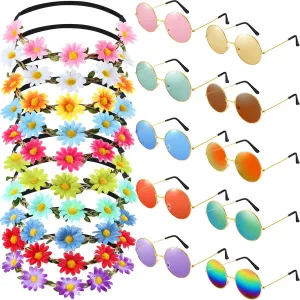 Bememo 20 Pieces Hippie Headband Glasses Costume Set, Includes 10 Pieces Multicolor Daisy Flower Crown, 10 Pieces Round Hippie Sunglasses for Festival