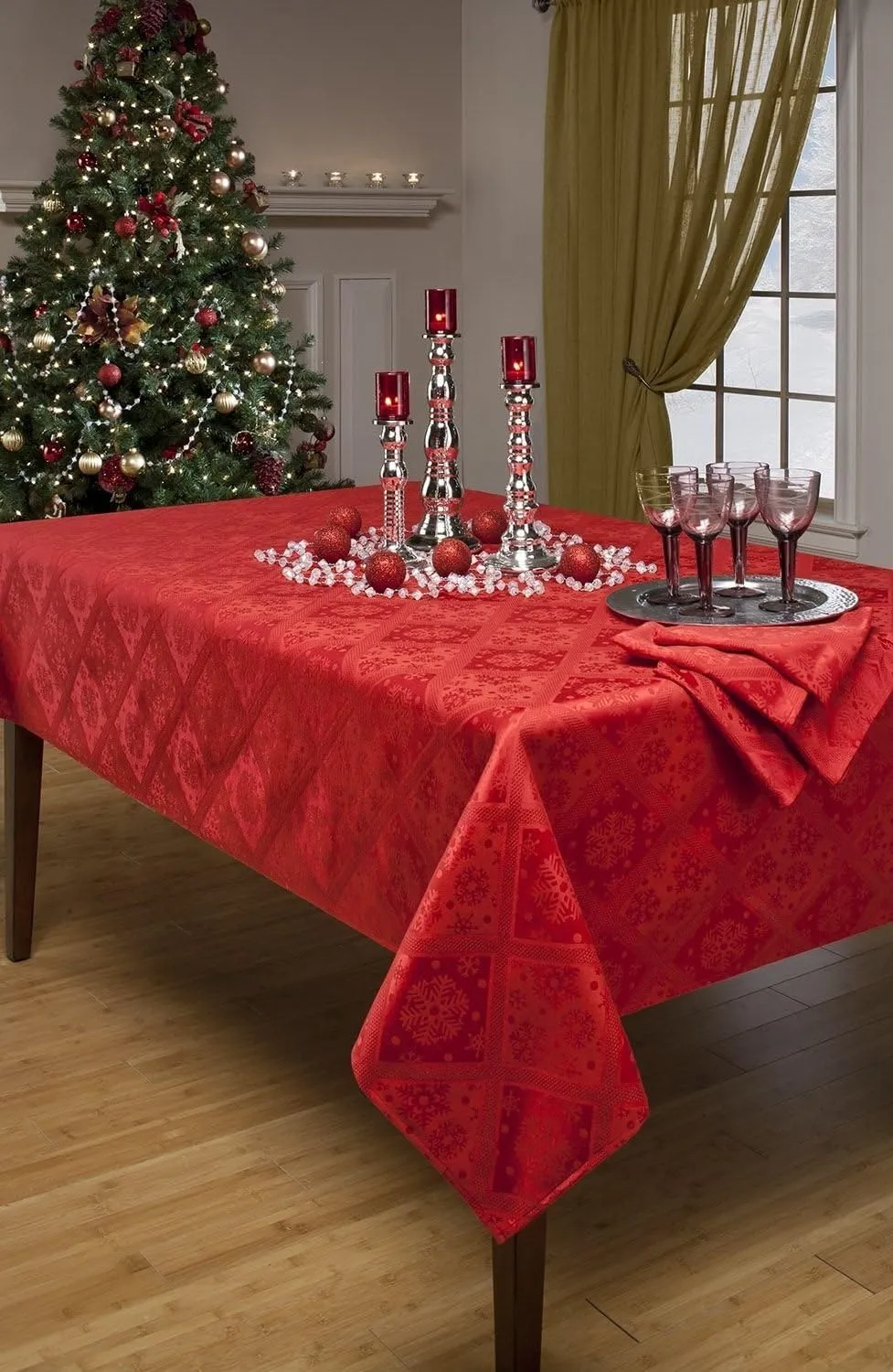 Benson Mills Snowflake Damask Red Tablecloth, 60-Inch by 120-Inch