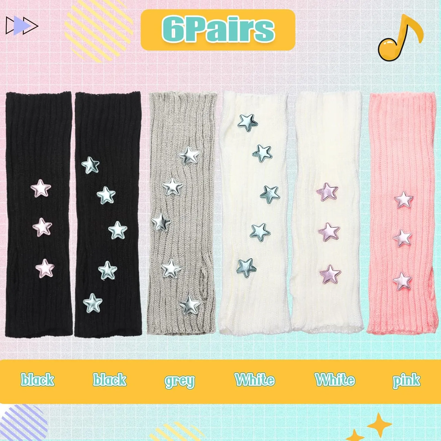 Berlune 6 Pairs Arm Kawaii Warmers Sleeves Cute Y2k Harajuku Japanese Style for Women Girls Lolita Costume School, 6 Colors