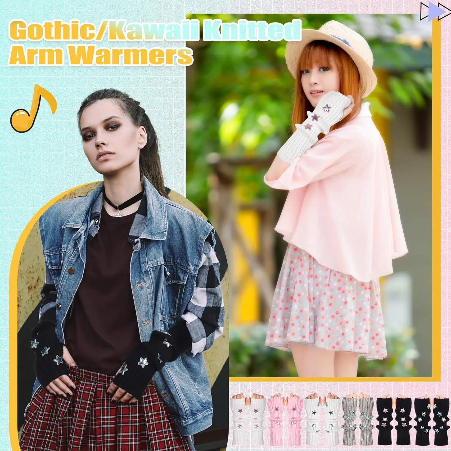 Berlune 6 Pairs Arm Kawaii Warmers Sleeves Cute Y2k Harajuku Japanese Style for Women Girls Lolita Costume School, 6 Colors