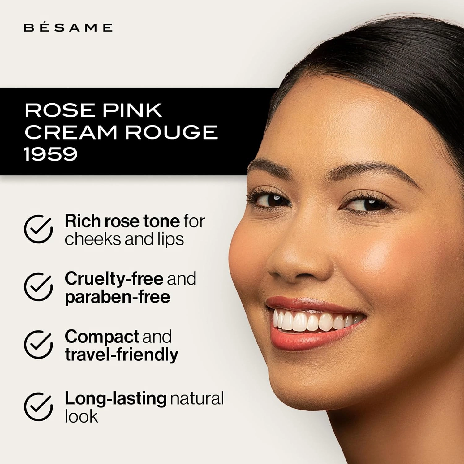 BESAME Rose Pink Cream Rouge - 1959, Highly Pigmented, Matte Finish, Multi-Use for Lips and Cheeks, Vintage-Inspired Reusable Tin, Long-Wearing, Sensitive Skin Friendly