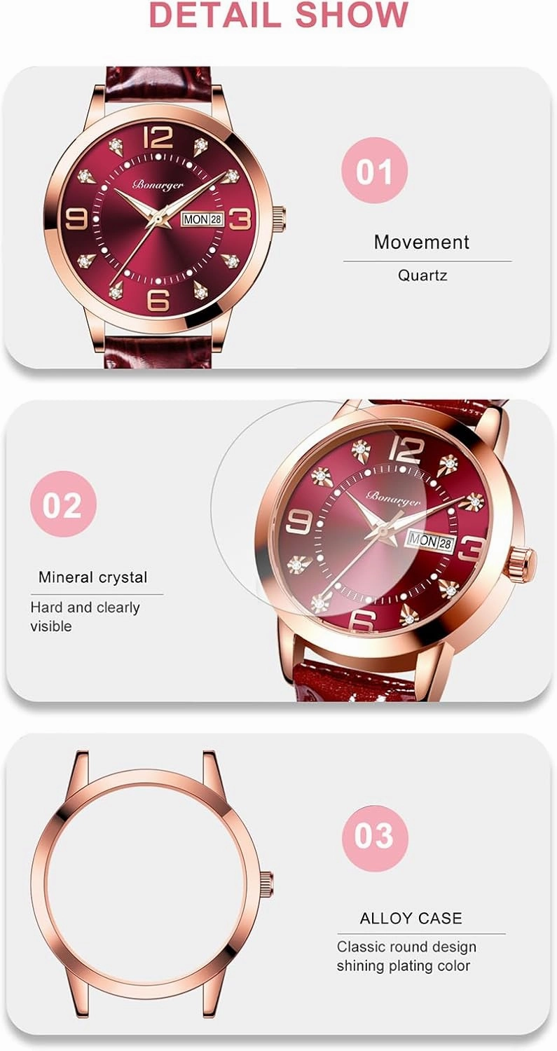 BESTKANG Leather Women Watches Ladies Dress Analog Quartz Date Classic Luminous Leather Strap 3ATM Waterproof Female Wrist Watch