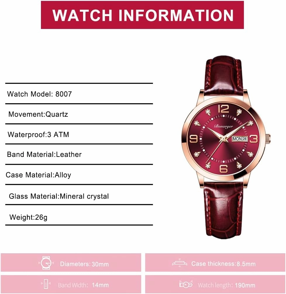 BESTKANG Leather Women Watches Ladies Dress Analog Quartz Date Classic Luminous Leather Strap 3ATM Waterproof Female Wrist Watch