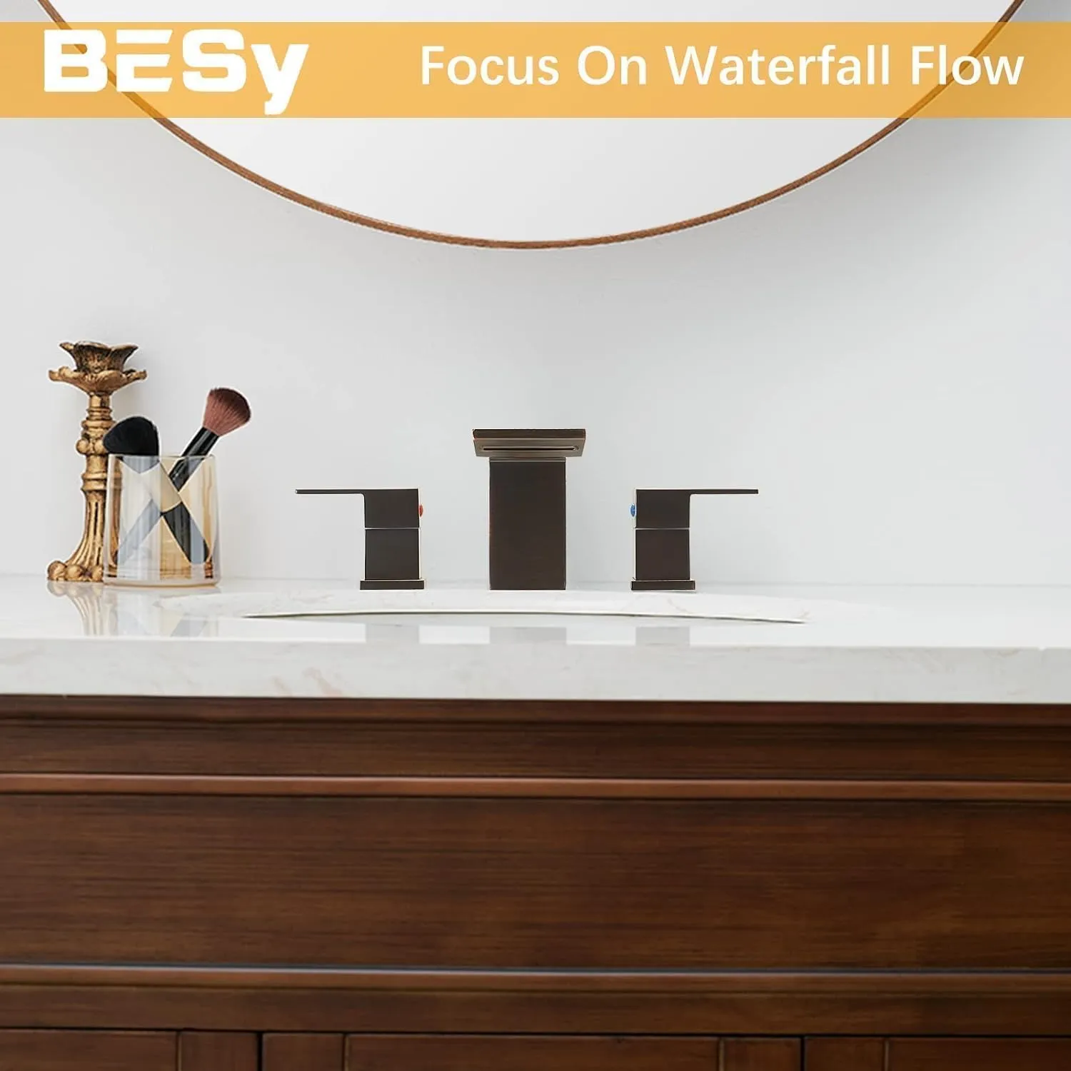 BESy Oil Rubbed Bronze Widespread 3 Hole Bathroom Sink Faucet, Waterfall Wide Spread Vanity 2 Handle with Supply Lines Pop Up Drain Stainless Steel
