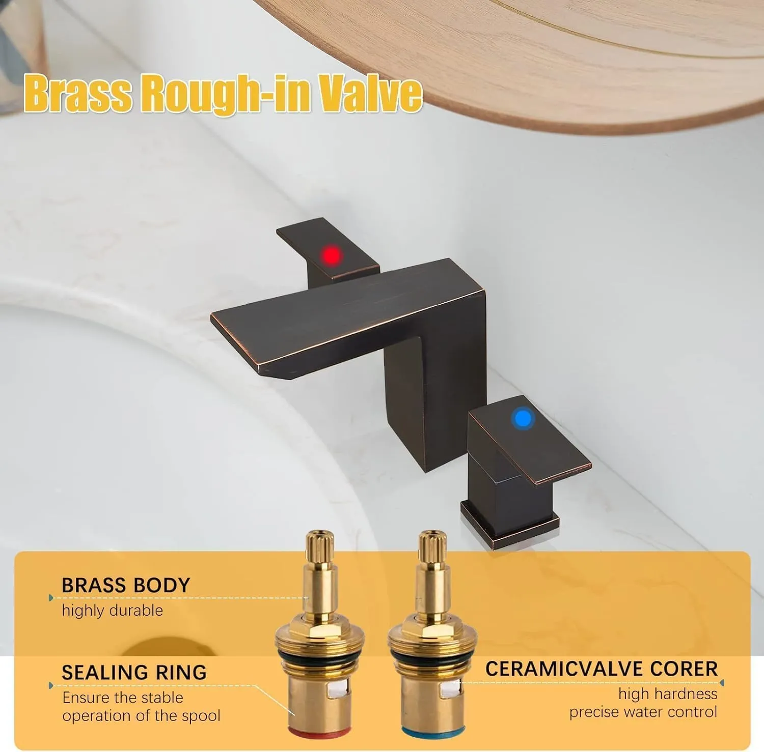 BESy Oil Rubbed Bronze Widespread 3 Hole Bathroom Sink Faucet, Waterfall Wide Spread Vanity 2 Handle with Supply Lines Pop Up Drain Stainless Steel