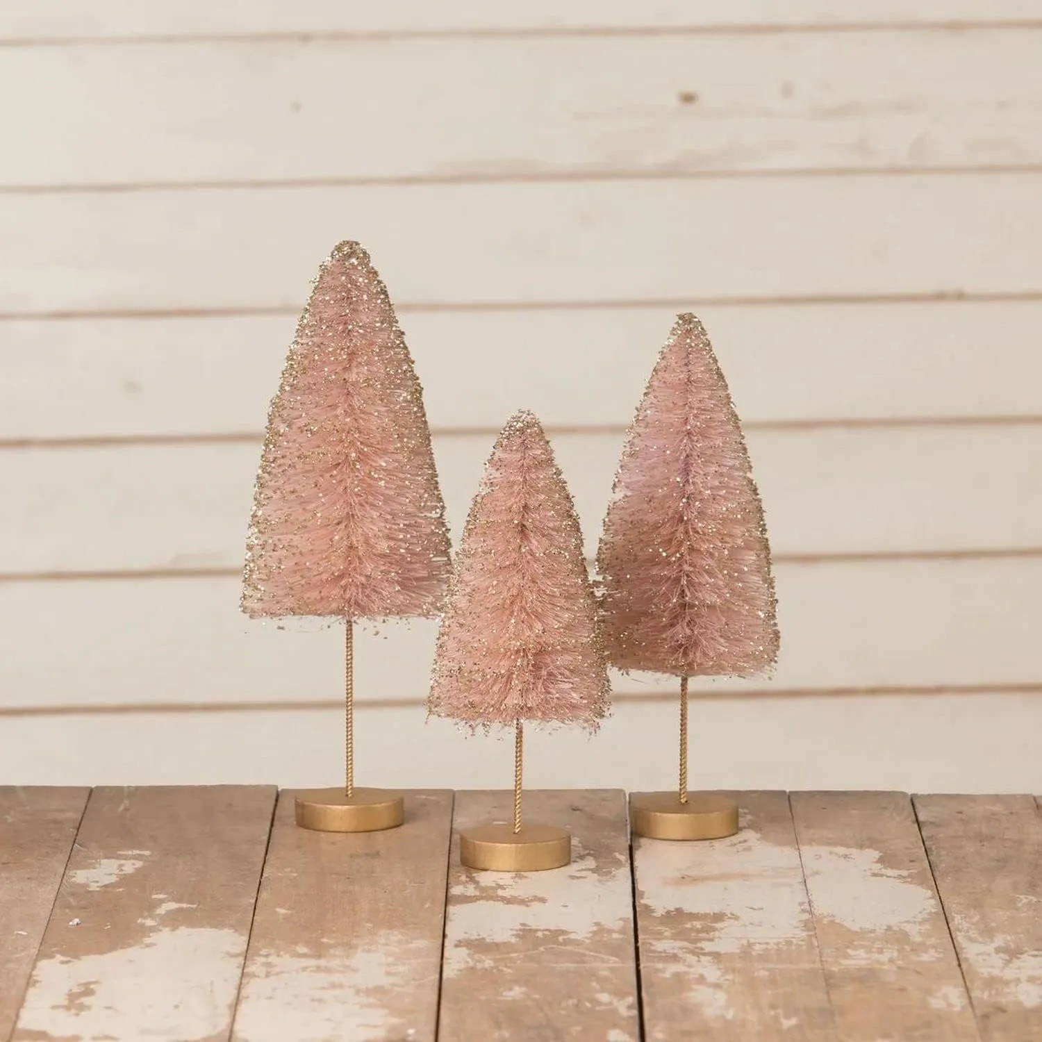 Bethany Lowe Rose Quartz Gold Glow Bottle Brush Trees, Set of 3