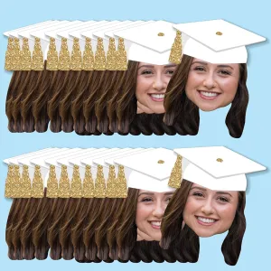 Big Dot of Happiness White and Gold Grad Cap Custom Fun Face Cutouts, Personalized DIY Grad Party Decoration Confetti, Small Photo Head Cut-Outs - Upload 1 Photo - 24 Count