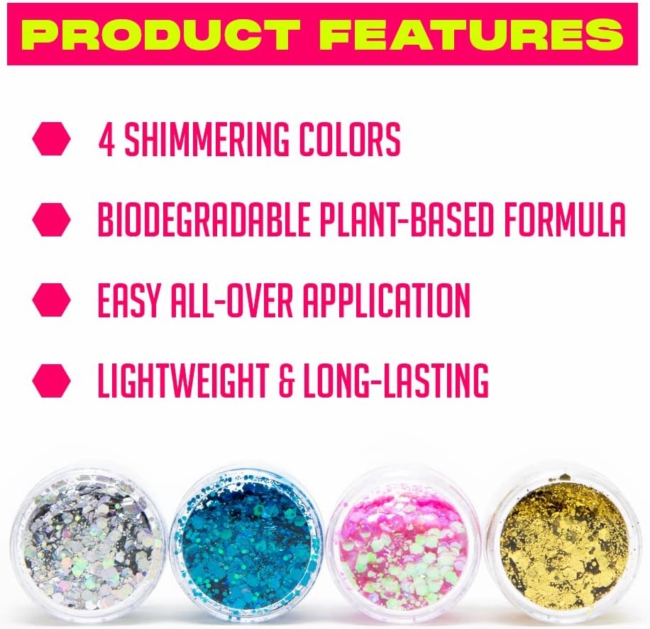 Biodegradable Glitter Makeup | Face Glitter, Hair Glitter, and Body Glitter | Plant Based Glitter Makeup for EDM Rave Music Festivals and Cosplay | Chunky Glitter Multicolor 4 Pack