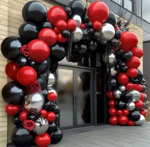 Black Red Silver Balloon Arch Kit - Double Stuffed Dark Red Ruby Black Balloon Garland Burgundy Maroon Metallic Color for Birthday Baby Shower Anniversary Graduation Wedding Party Decor