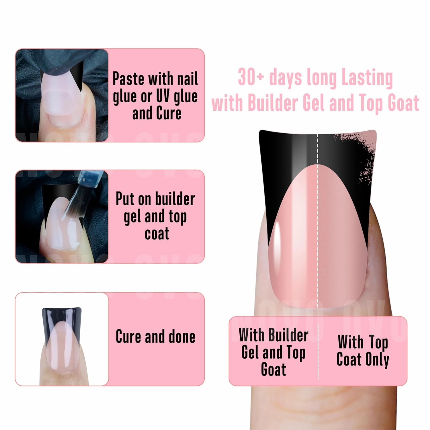 Black French Tip Short Duck Nail Tips Press on, BABY PINK Pre-designed Soft Gel Nail Extension, Extra thick Full Cover Matte Vrial False Nails for DIY x 12 Sizes 240 pcs