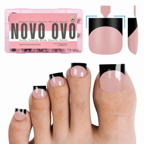 Black French Tip Toe Nail Tips Press on, BABY PINK Sharp Square Pre-Designed Soft Gel False Toenail Extension, Long/Medium Wide Fake Toenails, Full Cover Acrylic for DIY 15 Sizes 240 pcs