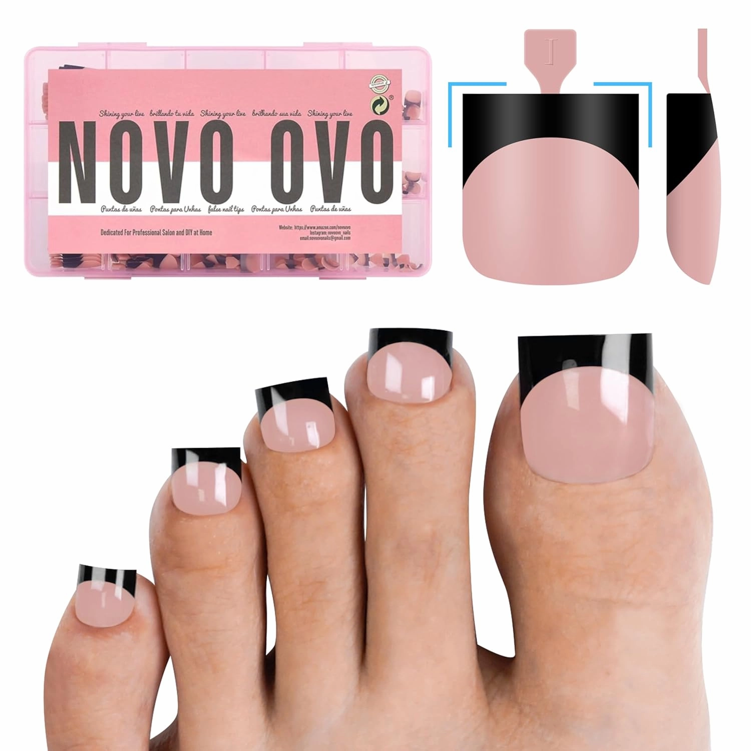 Black French Tip Toe Nail Tips Press on, BABY PINK Sharp Square Pre-Designed Soft Gel False Toenail Extension, Long/Medium Wide Fake Toenails, Full Cover Acrylic for DIY 15 Sizes 240 pcs