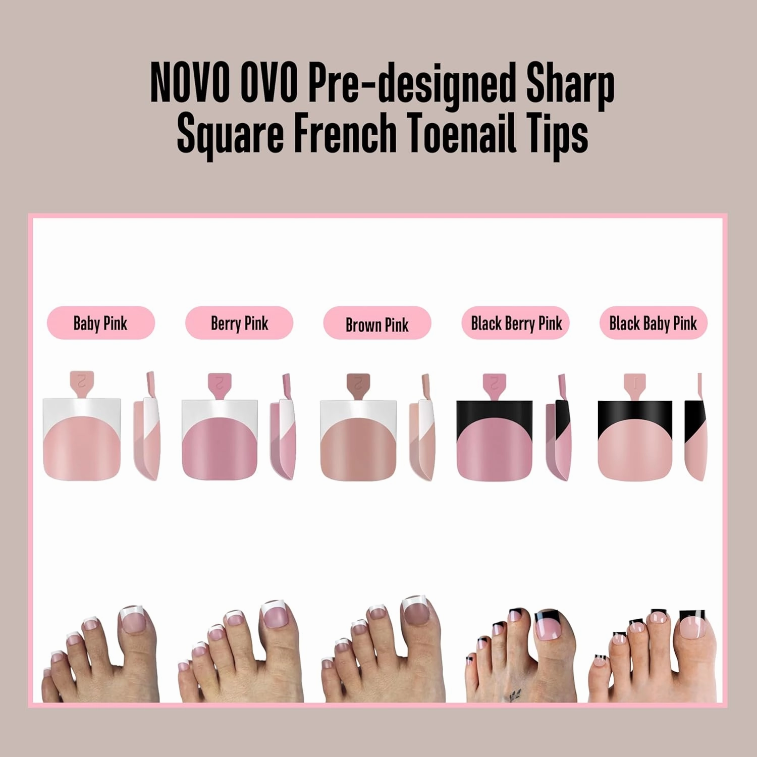 Black French Tip Toe Nail Tips Press on, BABY PINK Sharp Square Pre-Designed Soft Gel False Toenail Extension, Long/Medium Wide Fake Toenails, Full Cover Acrylic for DIY 15 Sizes 240 pcs