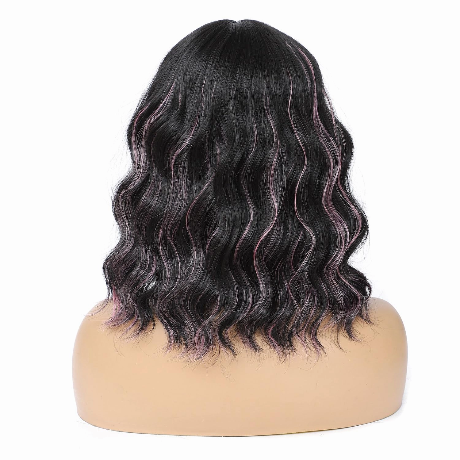 Black Mix Pink Wigs for Women, 14 Inch Wavy Bob Wig with Bangs, Natural Looking Soft Heat Resistant Synthetic Fiber Wig for Daily Party Use