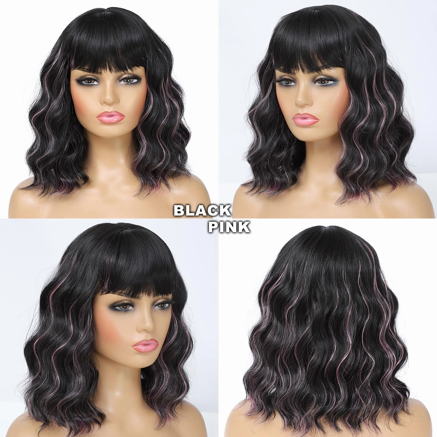 Black Mix Pink Wigs for Women, 14 Inch Wavy Bob Wig with Bangs, Natural Looking Soft Heat Resistant Synthetic Fiber Wig for Daily Party Use